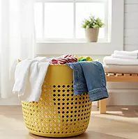 Yellow Round Woven Plastic Laundry Basket with Handle