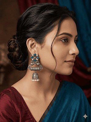 Emerald Floral & Peacock Oxidized Silver Jhumka Drops with Dholki Bead Accent Emerald Floral & Peacock Oxidized Silver Jhumka Drops with Dholki Bead Accent