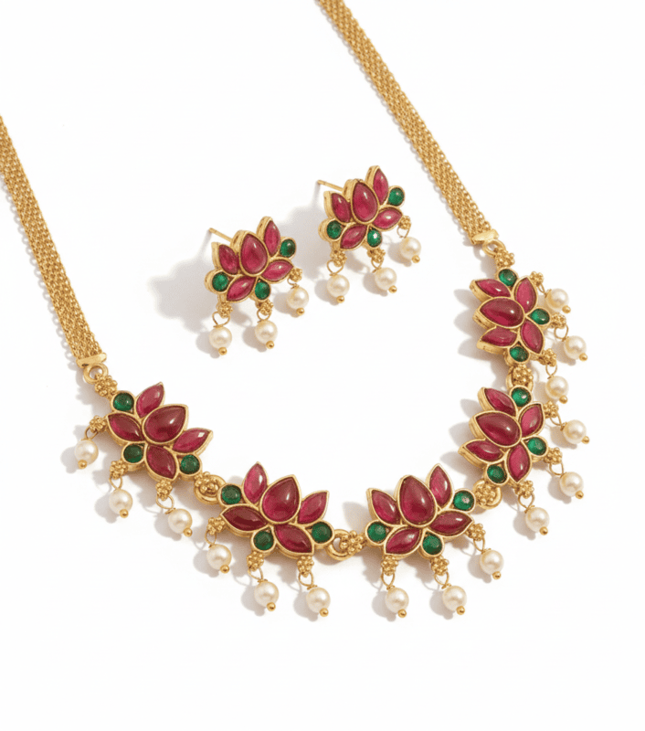 Traditional Lotus Design Ruby & Green Stone Necklace Set