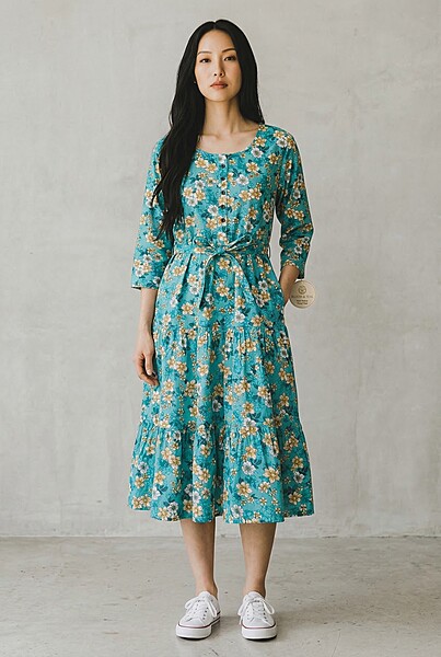 Naryaa Stylish Teal Floral Fit & Flare Midi Dress