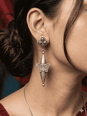 Antique Oxidized Silver Butterfly Tassel Drop Earrings Antique Oxidized Silver Butterfly Tassel Drop Earrings