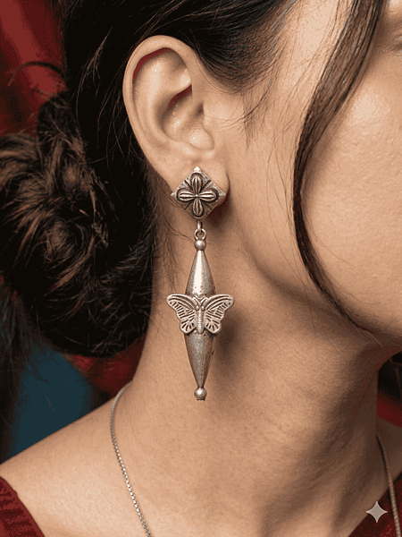Antique Oxidized Silver Butterfly Tassel Drop Earrings
