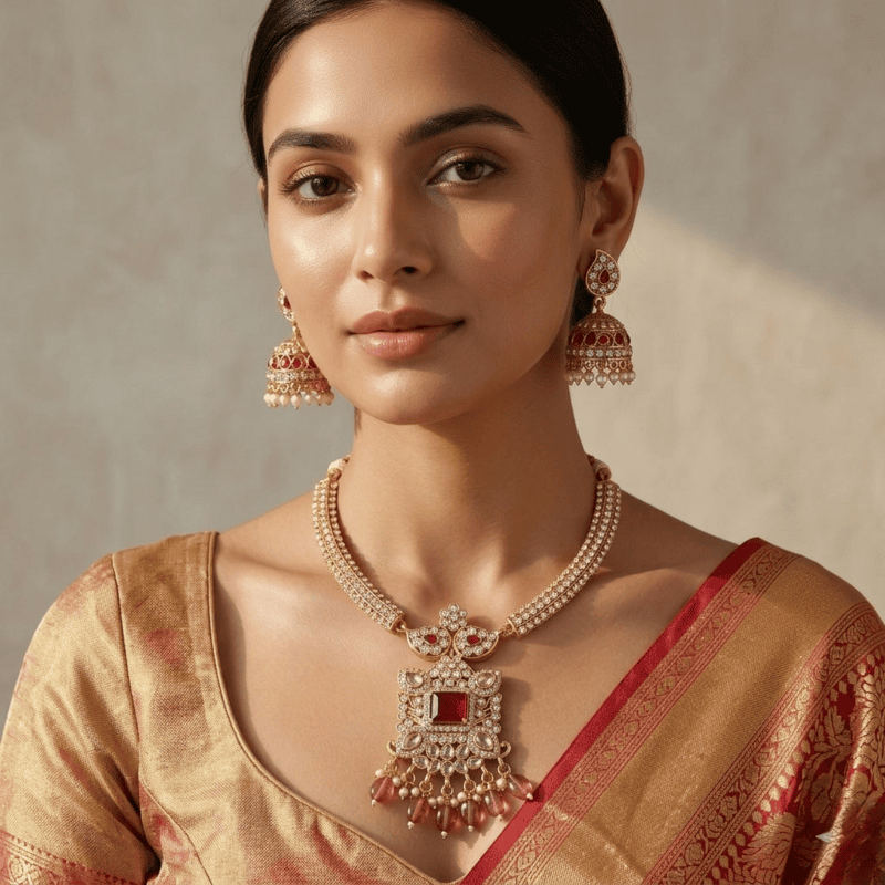 Traditional gold-tone necklace set with earrings