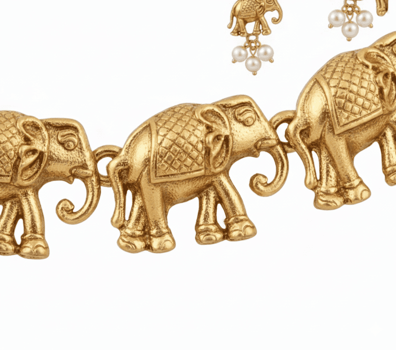 Traditional Elephant Design Gold-Tone Necklace Set with Earrings