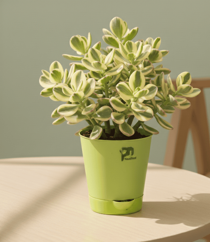 Variegated Crassula (Jade Family) in self watering pot