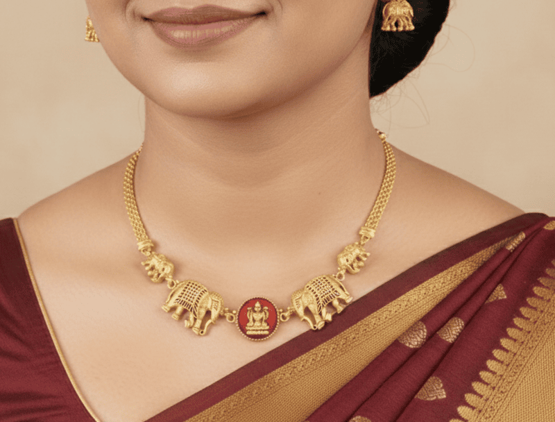 Temple Elephant Motif Gold-Tone Necklace Set