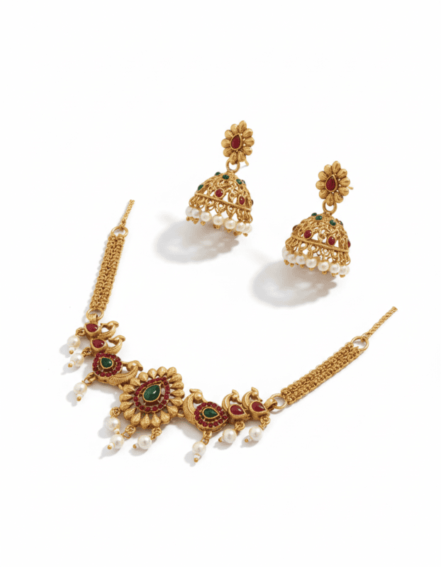 Traditional Gold-Plated peacock Necklace Set with Jhumka Earrings
