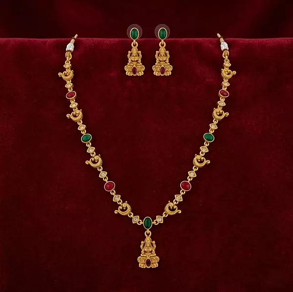 Lakshmi Pendant Necklace Set with Multicolor Stones