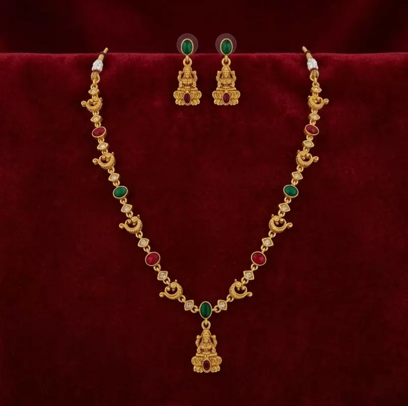 Lakshmi Pendant Necklace Set with Multicolor Stones