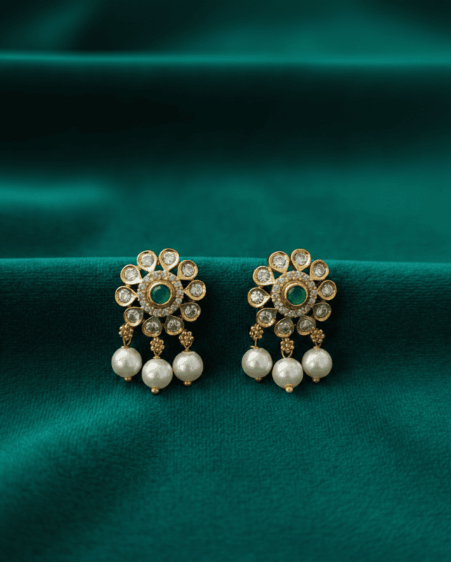 Floral Emerald Pearl Drop Stud Earrings