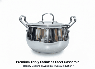 Onions India Gold Triply Stainless Steel Casserole with Lid, Belly Shape Handi,