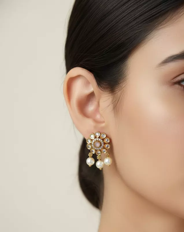 Royal Ruby Floral Pearl Stud Earrings