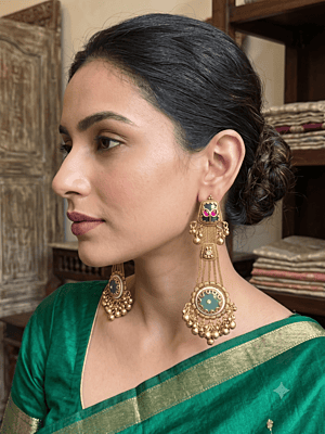 Antique Gold Sea-Green Medallion Long Chain Earrings Antique Gold Sea-Green Medallion Long Chain Earrings