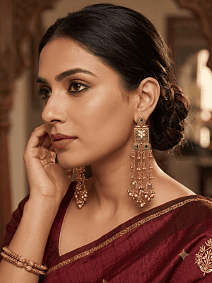The 'Mughal Heritage' Emerald and Grey Stone Ghungroo Dangle Earrings The 'Mughal Heritage' Emerald and Grey Stone Ghungroo Dangle Earrings