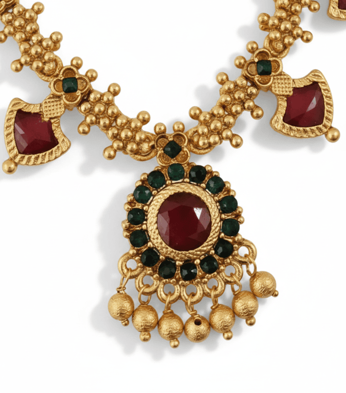 Traditional Design Necklace Set with Ruby & Green Stones