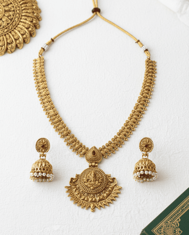 Lakshmi Temple Antique Necklace Set with Jhumka Earrings