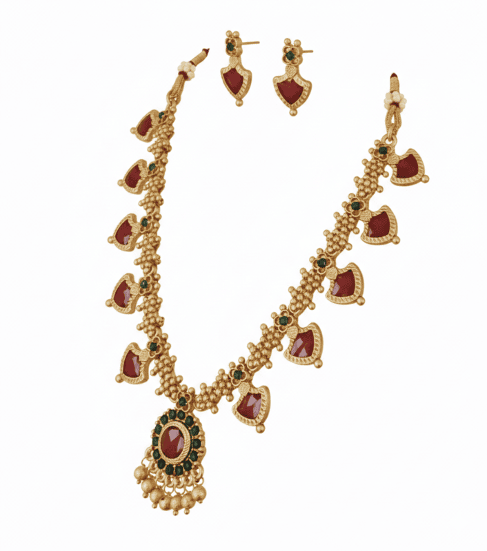 Traditional Design Necklace Set with Ruby & Green Stones