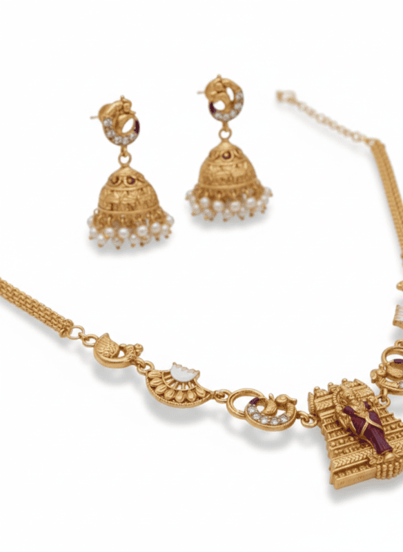 Traditional Temple Pendant Necklace with Jhumka Earrings