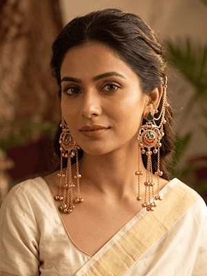 eritage Emerald & Crimson Meenakari Kaan Chain Earrings with Ghungroo Dangles eritage Emerald & Crimson Meenakari Kaan Chain Earrings with Ghungroo Dangles