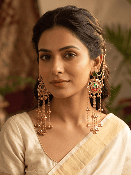 eritage Emerald & Crimson Meenakari Kaan Chain Earrings with Ghungroo Dangles eritage Emerald & Crimson Meenakari Kaan Chain Earrings with Ghungroo Dangles