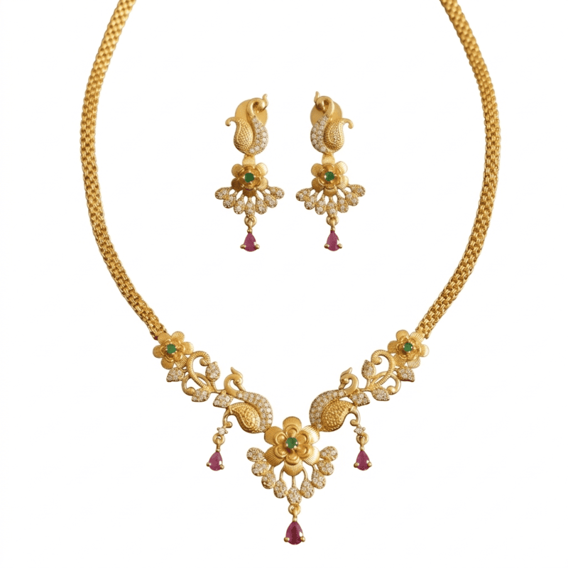 Antique peacock gold floral necklace set