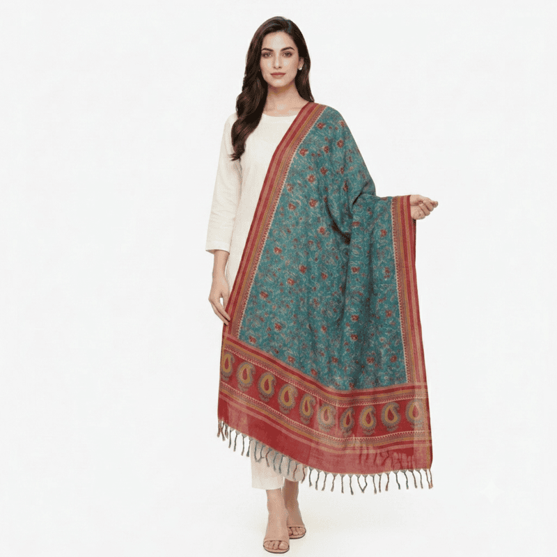 Silk Blend Multicolour Dupatta | Floral Print, Tasselled Border