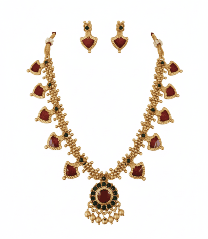 Traditional Design Necklace Set with Ruby & Green Stones