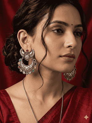 Oxidized Silver Peacock Chandbali Earrings with Multi-Color Stones