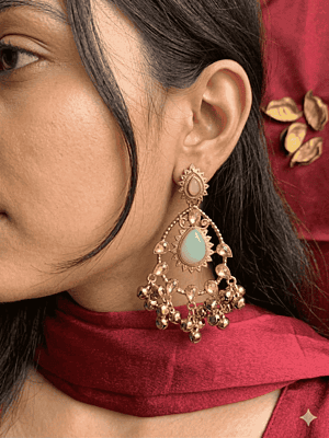 Gold-Plated Kundan Chandbali Earrings with Ghungroo Droplets
