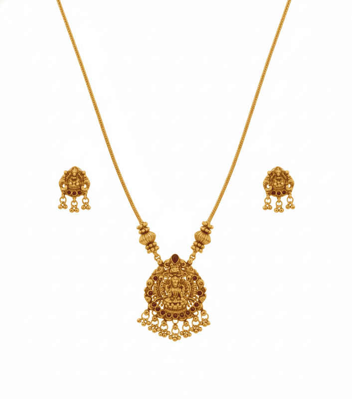 Temple Lakshmi Pendant Necklace Set with Earrings
