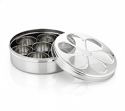 Onions Stainless Steel Masala Box (Patiala Style) with 7 Containers & Transparent Lid