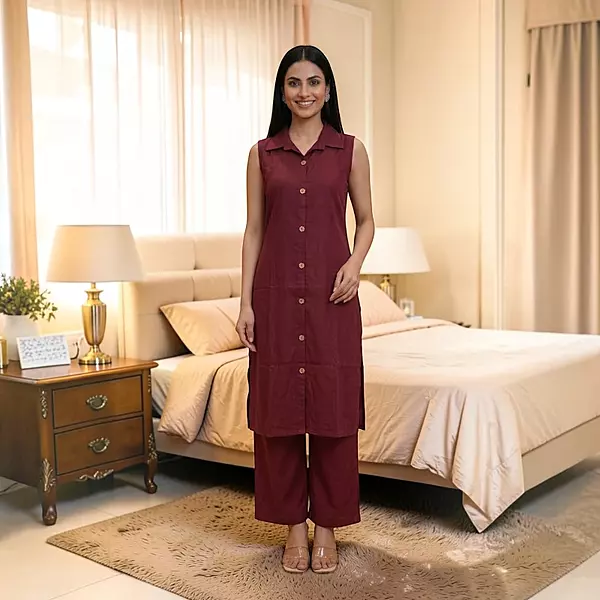 Maroon Cotton Sleeveless Salwar Suit | Shirt Collar, Button-Down Kurta