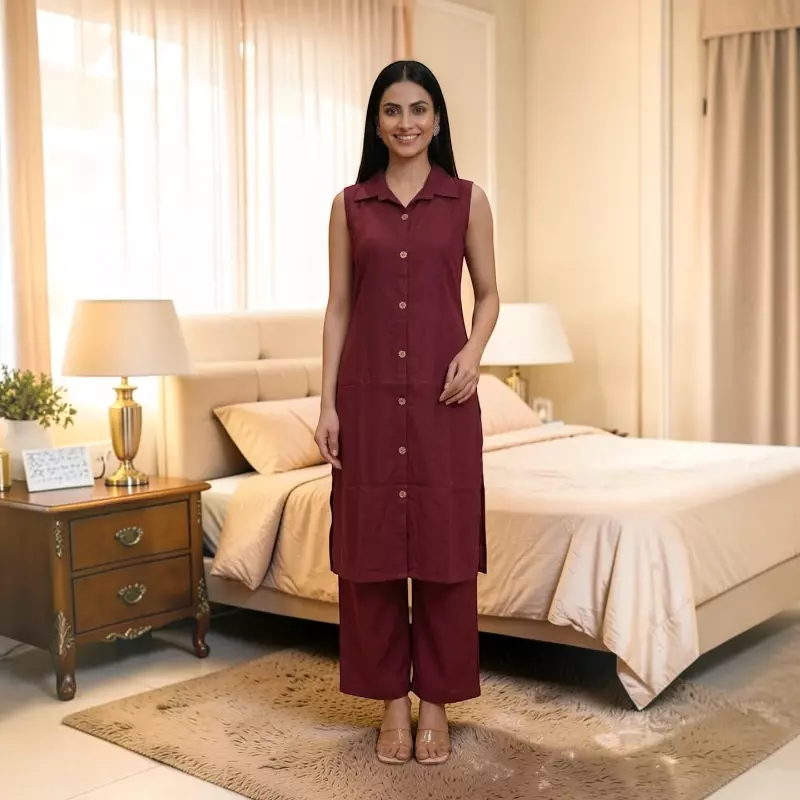 Maroon Cotton Sleeveless Salwar Suit | Shirt Collar, Button-Down Kurta