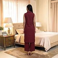 Maroon Cotton Sleeveless Salwar Suit | Shirt Collar, Button-Down Kurta