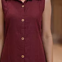 Maroon Cotton Sleeveless Salwar Suit | Shirt Collar, Button-Down Kurta