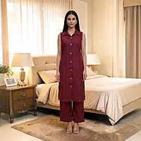 Maroon Cotton Sleeveless Salwar Suit | Shirt Collar, Button-Down Kurta