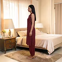 Maroon Cotton Sleeveless Salwar Suit | Shirt Collar, Button-Down Kurta