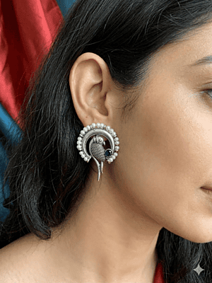 Exotic Parrot Motif Oxidized Silver Studs with Pearl & Blue Stone Exotic Parrot Motif Oxidized Silver Studs with Pearl & Blue Stone
