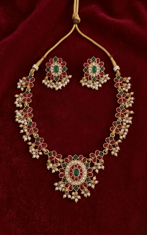 Royal red Floral Pearl Drop Necklace Set