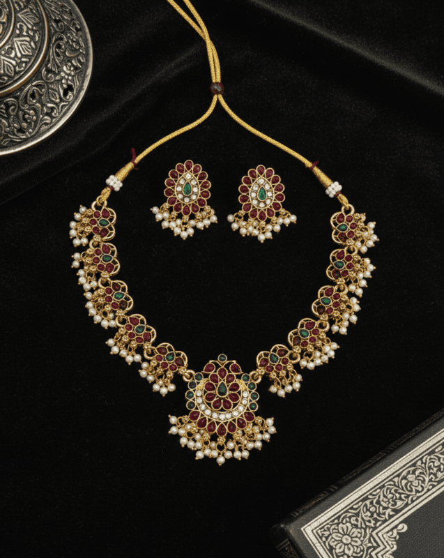 Ruby & Emerald Floral Pearl Necklace Set