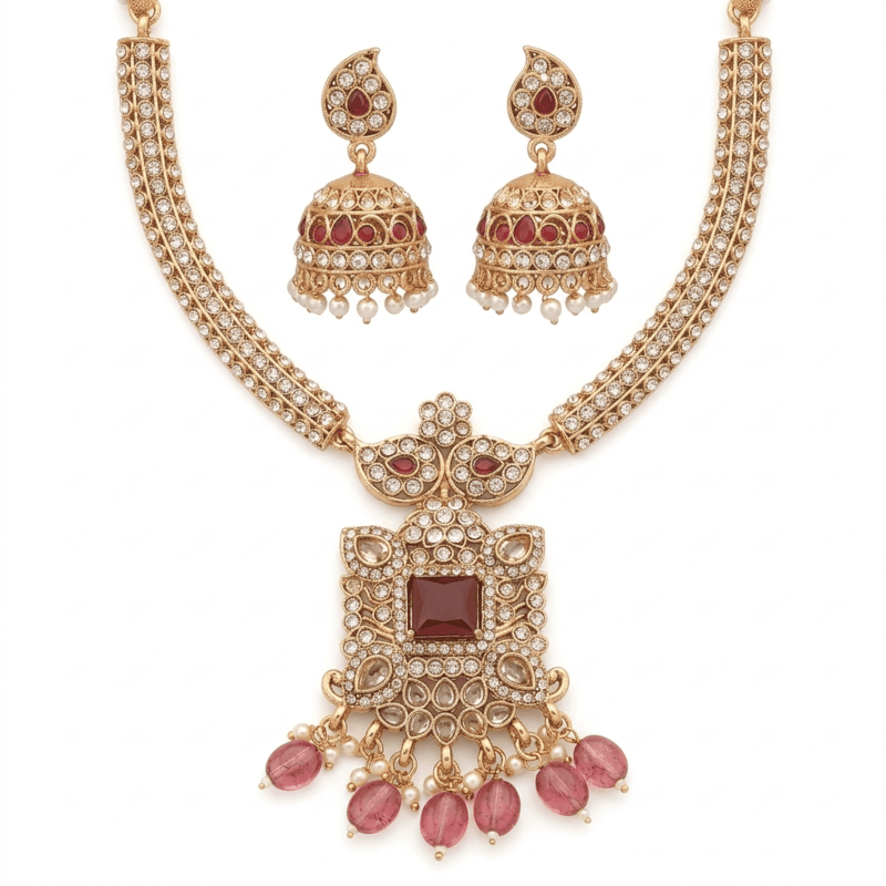 Traditional gold-tone necklace set with earrings