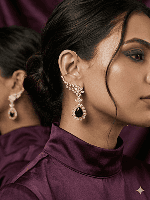 Royal Crimson Teardrop Earcuffs: Gold-Plated CZ Marquise Floral Wraps Royal Crimson Teardrop Earcuffs: Gold-Plated CZ Marquise Floral Wraps