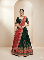 Designer Dark Green Lehenga with Embroidered Green Blouse and Red Bandhej Dupatta D280