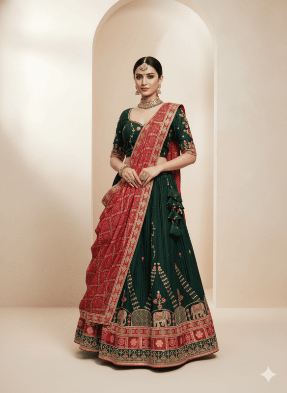 Designer Dark Green Lehenga with Embroidered Green Blouse and Red Bandhej Dupatta D280