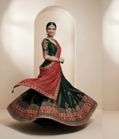 Designer Dark Green Lehenga with Embroidered Green Blouse and Red Bandhej Dupatta D280