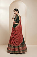 Designer Dark Green Lehenga with Embroidered Green Blouse and Red Bandhej Dupatta D280
