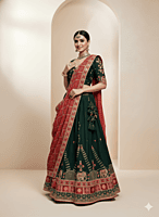 Designer Dark Green Lehenga with Embroidered Green Blouse and Red Bandhej Dupatta D280