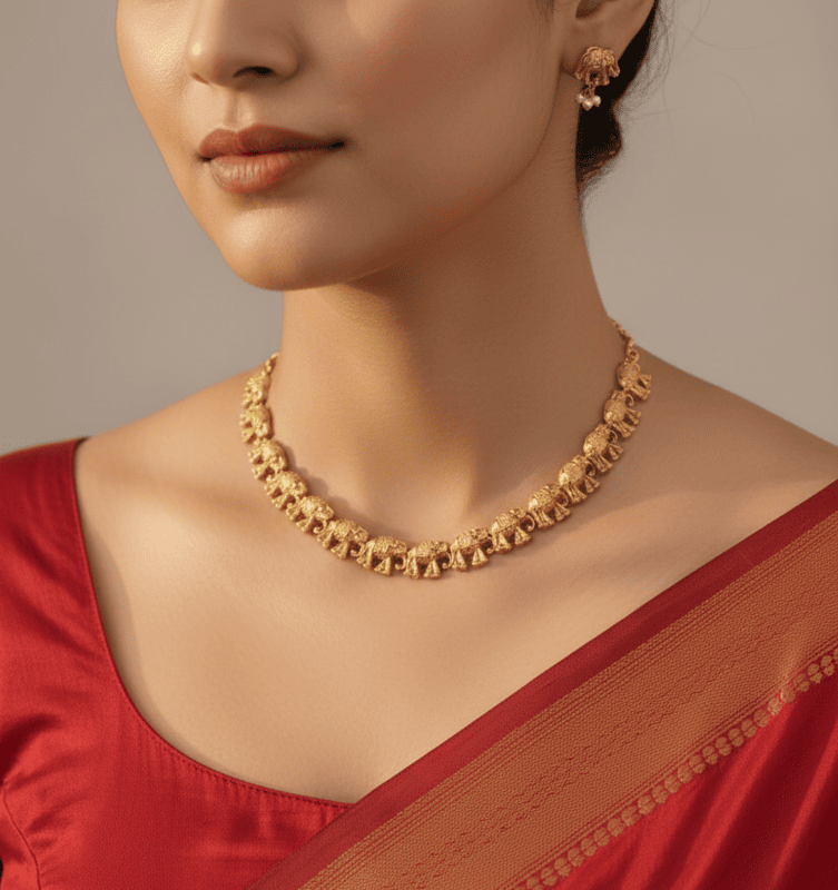 Traditional Elephant Design Gold-Tone Necklace Set with Earrings