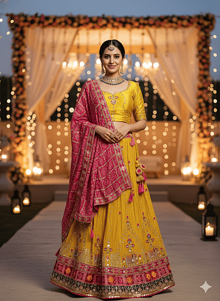 Designer Yellow Lehenga with Embroidered Yellow Blouse and Pink Bandhej Dupatta D280