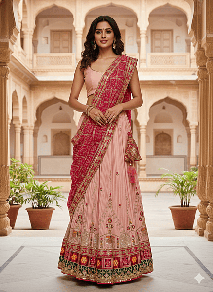 Elegant Pink Embroidered Lehenga Choli Set with Bandhani Dupatta D280